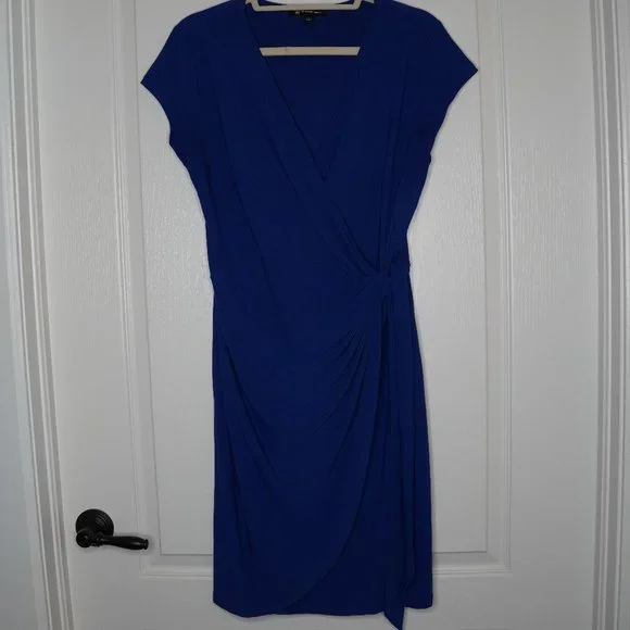 blue petite wrap dress Jersey Faux Wrap with 3/4 Sleeves